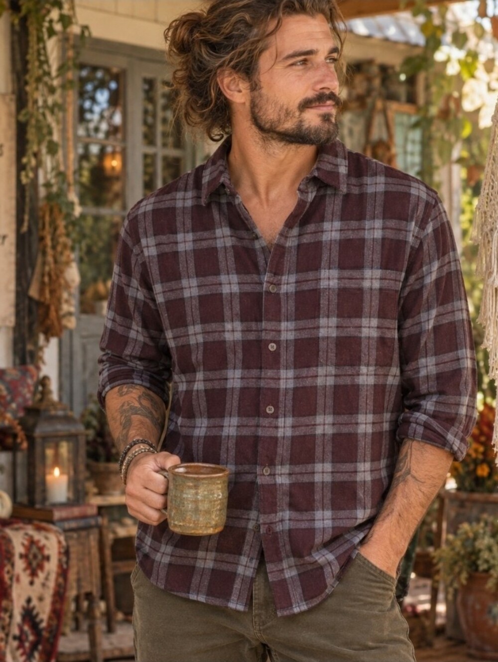 4/$15 Beverly Hills Polo Mens L Burgundy Plaid Flannel Button Up Shirt Grunge